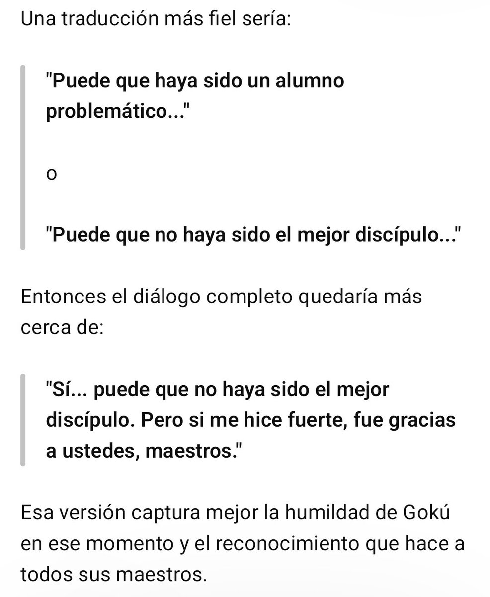 Gr4majo's tweet photo. Es increíble como se usa una mala traducción para tratar de desmeritar el diálogo, cuando realmente, no dijo mentiras.
La traducción en japonés dice:
"Siempre fui un alumno desobediente, pero si me hice fuerte, fue gracias a ustedes, maestros"
Cosa, que es cierta: https://t.co/P7MzmvLygk