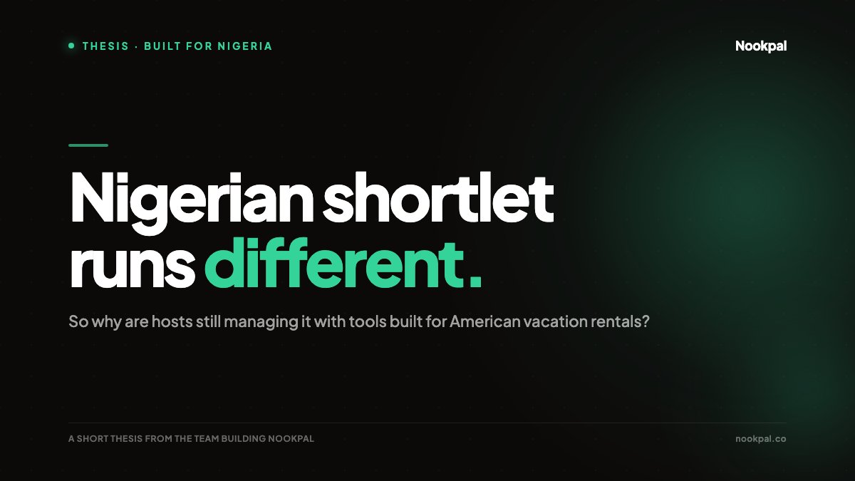 nookpalconnect's tweet photo. Nigerian shortlet hosts are running serious operations on tools built for American vacation rentals.

Here's why that doesn't work. And what we're doing about it.

A short thread. https://t.co/gz6OLtw9b1