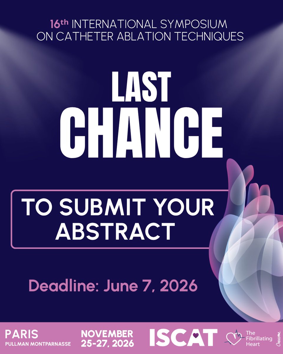 ISCAT_Congress's tweet photo. ⏳ LAST CHANCE TO SUBMIT YOUR ABSTRACT ⏳

Only one week left before the ISCAT 2026 abstract deadline!

🌐 Submit: https://t.co/zXXbXoi0tX

#ISCAT2026 #Electrophysiology #Cardiology #EPeeps #PFA #CatheterAblation #AtrialFibrillation https://t.co/cZdjLn7k9K