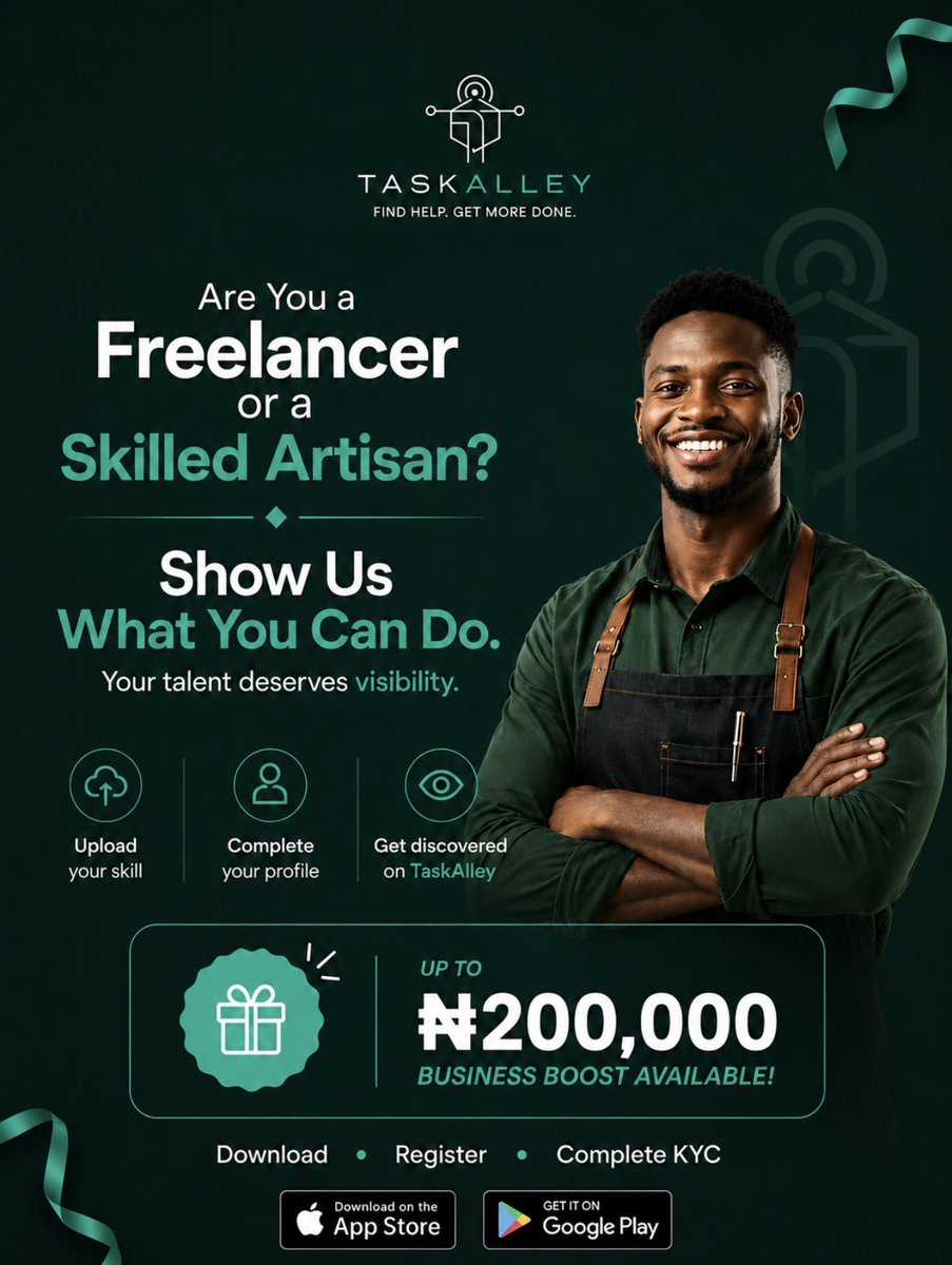 TaskAlleyHQ's tweet photo. Are you a Freelancer or Skilled Artisan?

Showcase your skills and get discovered on TaskAlley.

✅ Register as a Freelancer or Tasker
✅ Complete your KYC
✅ Upload your service or skill
✅ Tell us why clients should hire you

Download. Register. Get Discovered. https://t.co/fwQluL7wMG