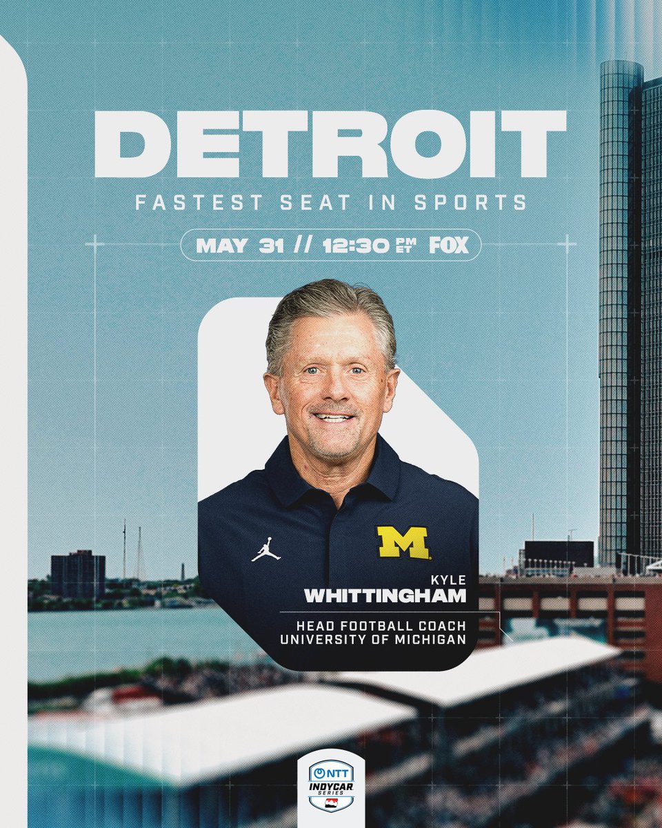 IndyCar's tweet photo. From the "Big House" to the Streets of Detroit  🏈

Kyle Whittingham will take a ride in the Fastest Seat in Sports on Sunday! https://t.co/92BMbU3CJm