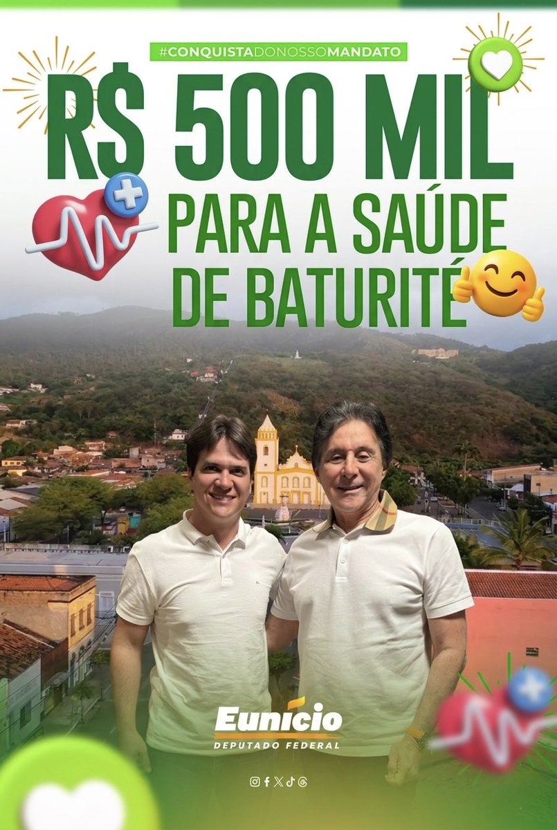 Eunicio's tweet photo. ✅ TÁ NA CONTA!

Mais R$ 500 mil para a saúde de Baturité! Compromisso cumprido com o prefeito @herberlh, nossos vereadores e lideranças da região. Continuamos trabalhando por mais melhorias para o Maciço. Podem contar comigo! 💪 https://t.co/MjZy6ymYCh