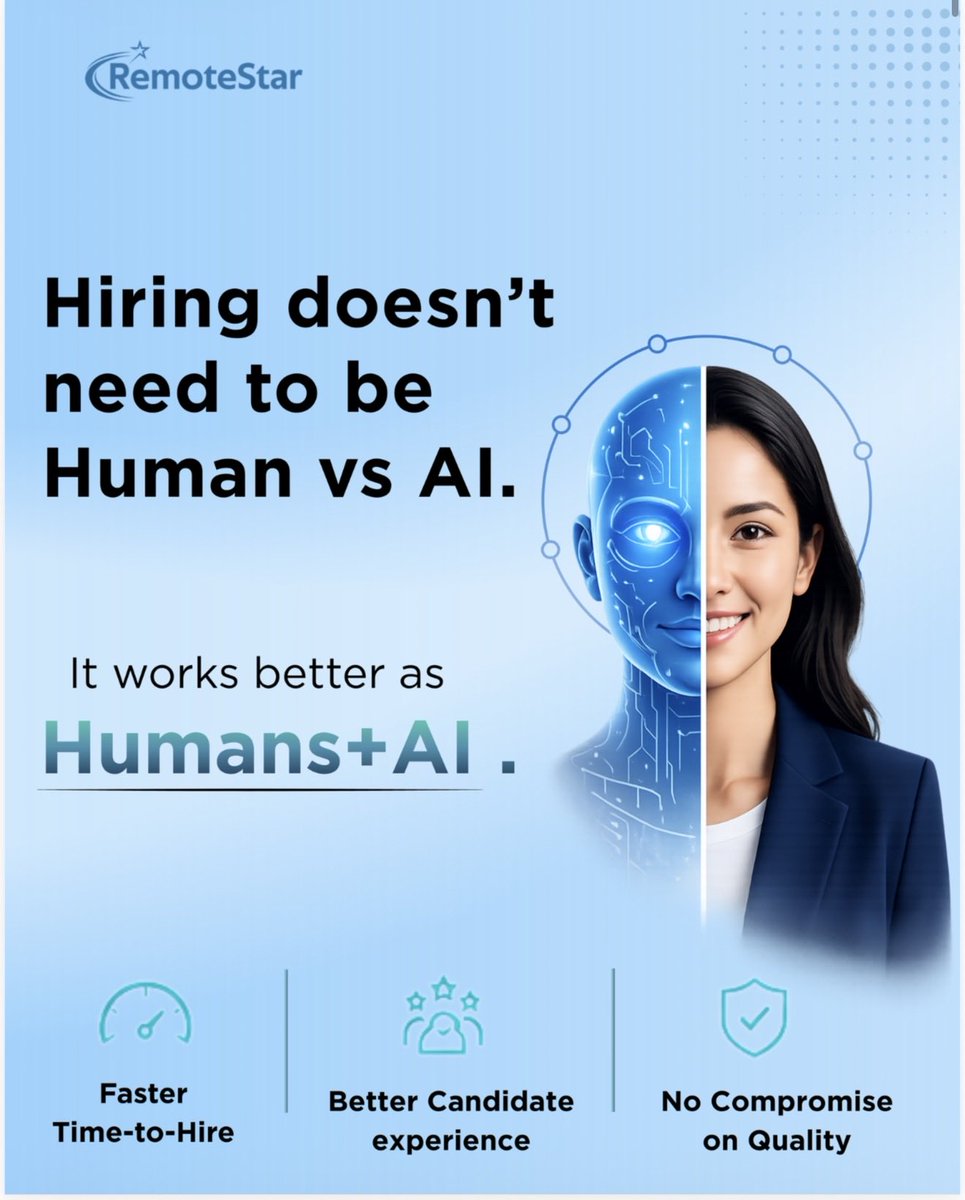 RemoteStario's tweet photo. What happens when AI meets global hiring?
Faster shortlists. Better matches. Less manual screening.
See how KAI, our AI-powered recruitment engine, helped solve a complex hiring challenge with speed and precision.
#AI #Recruitment #HiringSuccess #RemoteStar
.
.
1/6 https://t.co/Vx1XkoJN51