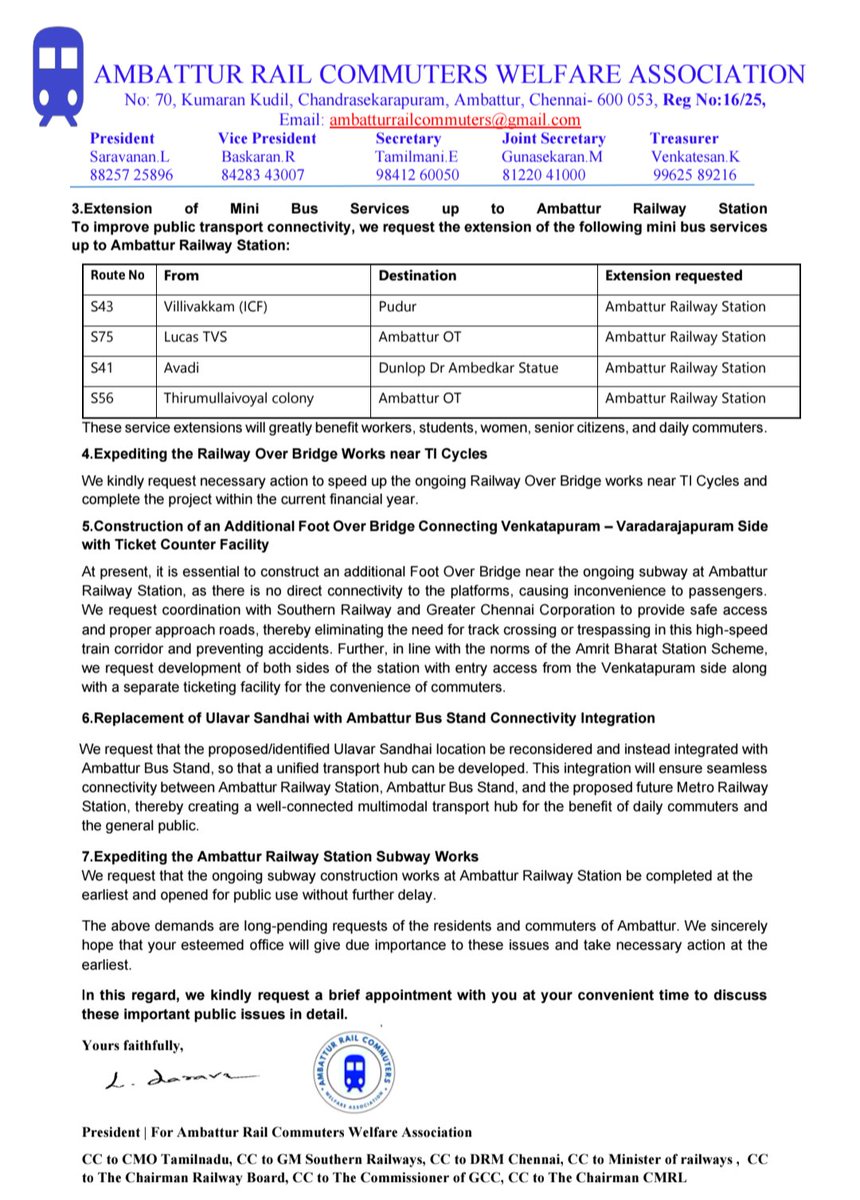 Aburailcom's tweet photo. @CumtaOfficial @MtcChennai @GMSRailway @DrmChennai @AshwiniVaishnaw @cmrlofficial @chennaicorp @CMOTamilnadu @TVKVijayHQ  #Chennai #Railway #UrbanMobility #Cmrl On behalf of the #Ambattur Rail Commuters Welfare Association,we have submitted a detailed representation to CUMTA 1/3 https://t.co/Ohud8CrHFg