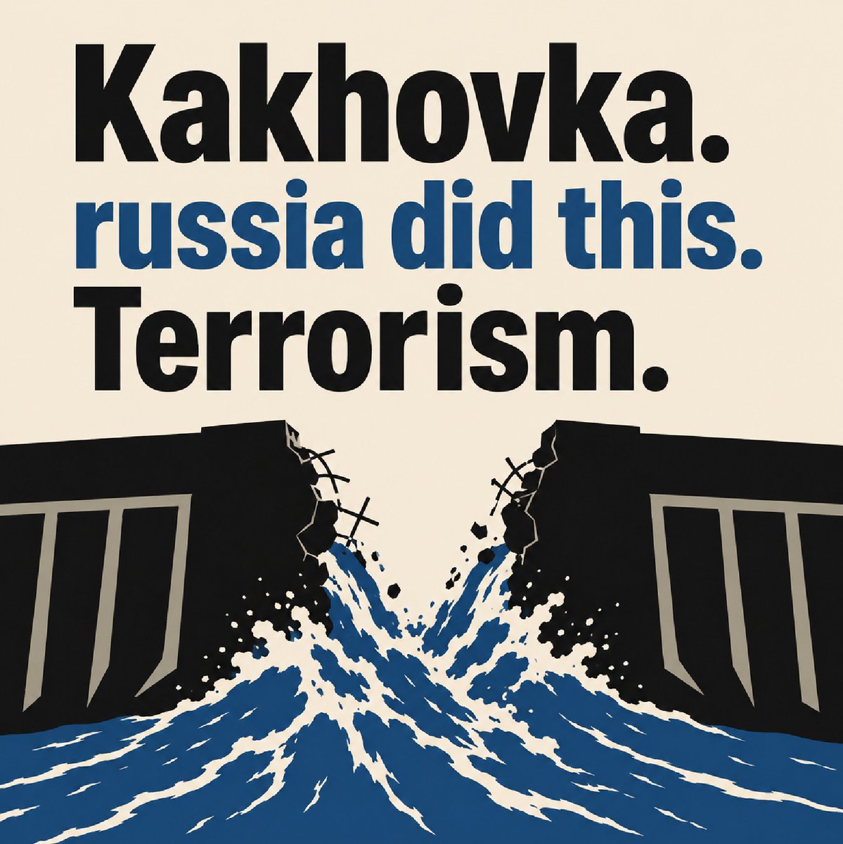 LibbySnowflak's tweet photo. Three years ago, on June 6, 2023, russia destroyed the Kakhovka dam. Towns flooded. Civilians died. Homes, farms, animals, and whole ecosystems were destroyed. https://t.co/SG586d2v1R