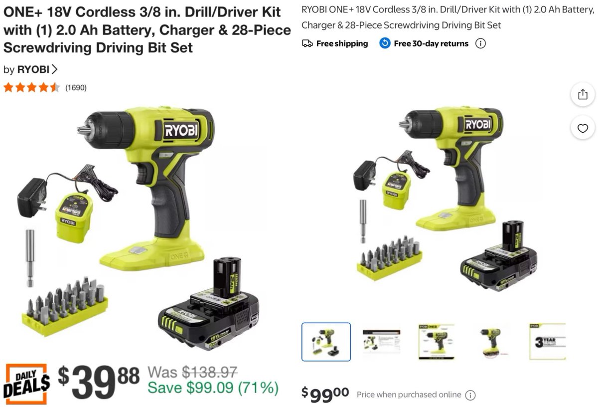 GlitchedDeals's tweet photo. $40 RYOBI DRILL/DRIVER KIT

Home Depot has this $139 cordless 18V kit for $99 off

Includes a battery, charger and bit set + free shipping

Same one is listed for $99 at Walmart, deal ends tonight

https://t.co/duEW8b7FEd #ad https://t.co/QU8nl7UiQ7