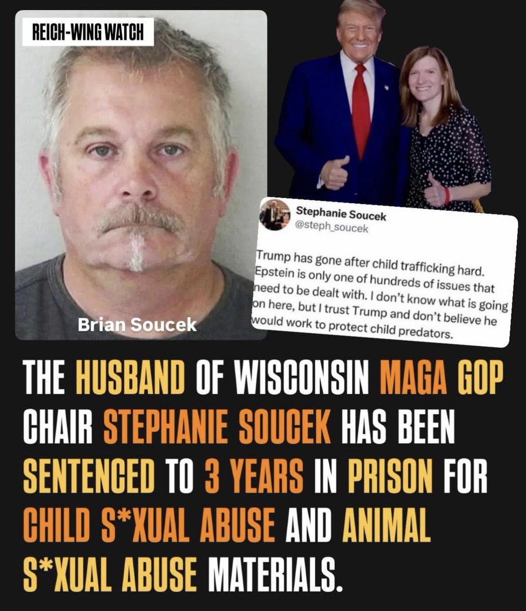 AnnieForTruth's tweet photo. Another MAGA pedophile pig. 😡 This is 57 yr old Scott Soucek, husband of Wisconsin Door County GOP Chair, Stephanie Soucek. He was sentenced to 3 years in prison after pleading no contest to possession of child sexual abuse materials and bestiality. https://t.co/geaTZNmrM0 https://t.co/zpCVsfrojB