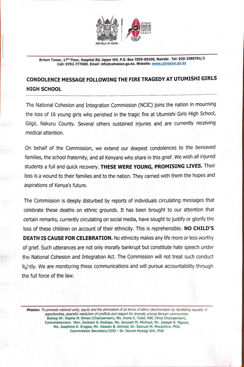 NCIC_Kenya's tweet photo. NCIC CONDOLENCE MESSAGE FOLLOWING THE FIRE TRAGEDY AT UTUMISHI GIRLS HIGH SCHOOL.

@citizentvkenya  @ntvkenya  @KTNNewsKE @K24Tv @RadioGenKe @KBCChannel1 @inooroke @RamogiFM https://t.co/iWALFAjz2s