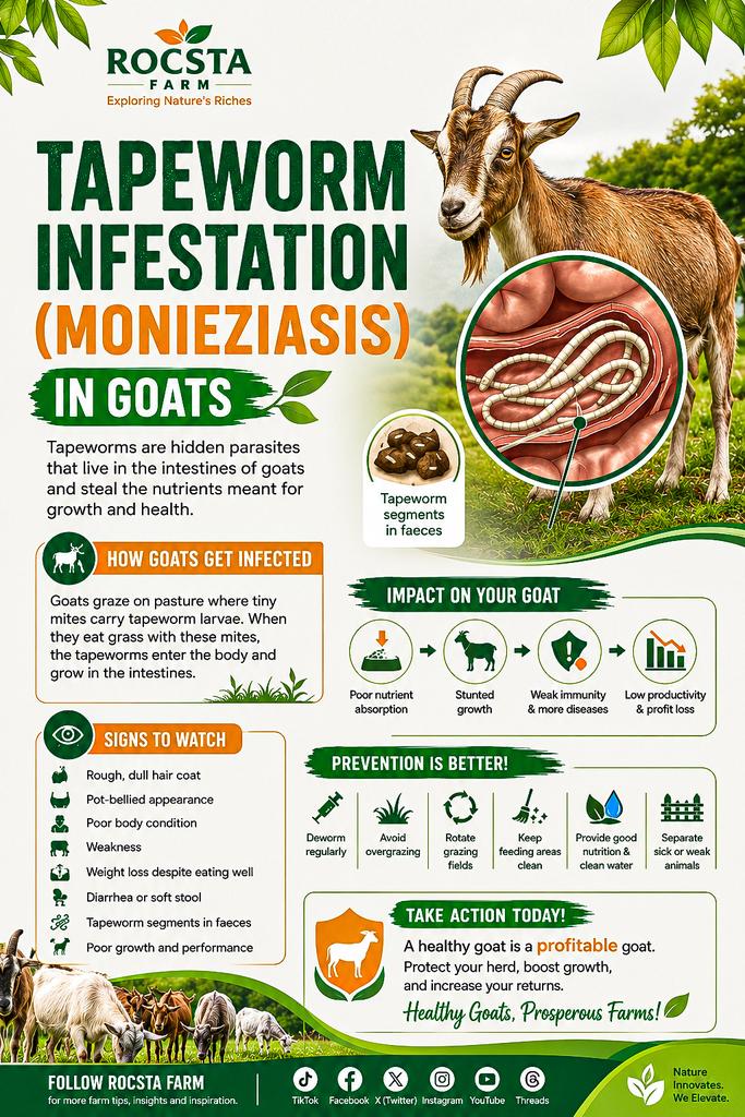 Rocsta_farm's tweet photo. Is your goat thriving or just surviving? 🐐 Tapeworms could be silently stealing their nutrients. Know the signs, act fast, and protect your herd! 💪🌿 #GoatFarming #HealthyGoats #Monieziasis https://t.co/kG9JZeZL1X