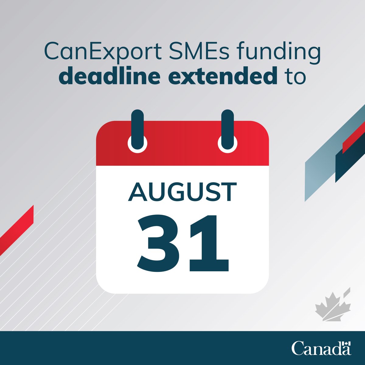 TCS_SDC's tweet photo. The CanExport SMEs application deadline has been extended. Eligible #CdnBiz now have until August 31, 2026 at 12 PM (ET) to apply.  

Find out if CanExport SMEs funding is right for you: https://t.co/6o3O4ostCh https://t.co/bGWyihx3w0