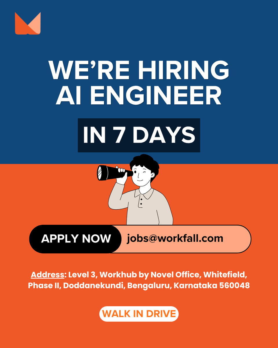 workfall's tweet photo. 🚀 We’re Hiring: AI Engineer (LLM / RAG / Agentic AI) | Bangalore | 2–3 YOE
Work on next-gen AI systems using Python, LangChain, RAG, Vector DBs &amp; leading LLMs.
⏳ Only 7 Days Left for the Walk-In Drive | 📩 jobs@workfall.com
#AIEngineer #Hiring #GenerativeAI #LLM #RAG #AgenticAI https://t.co/fHzcJNQkRX