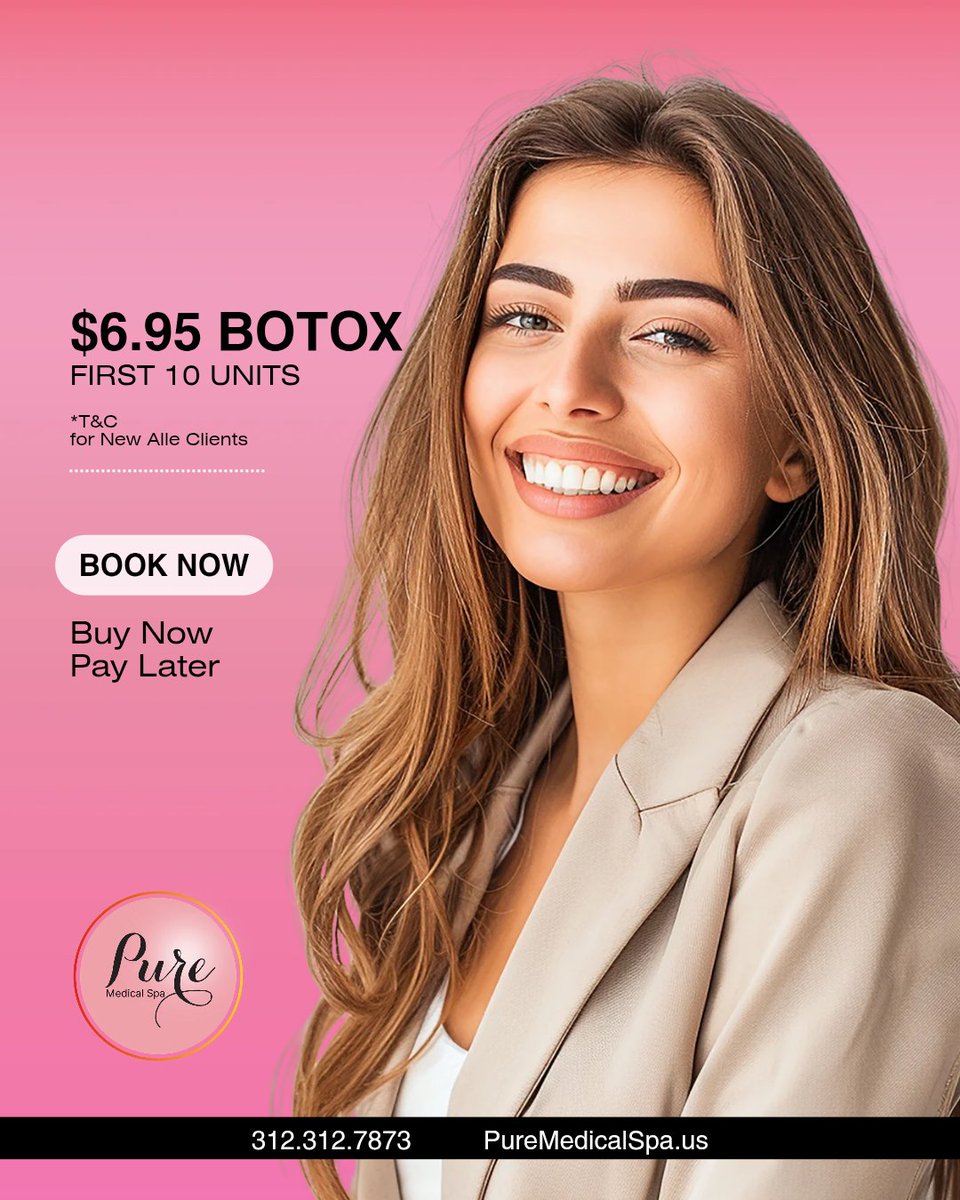 PureMedicalSpa1's tweet photo. What if wrinkle-free skin cost less than coffee?
 .
 ✨ Botox $6.95/unit (first 10 units)
 ✨ Smooth lines. Natural, refreshed look
 .
 ⚡ New client deal
 ⚡ Limited Spring Sale
 💳 Buy Now, Pay Later
 .
 💬 Comment "smooth skin"
 📞 312.312.7873
 🌐 https://t.co/BWpQOIz9Vt… https://t.co/B5ifDDHiMo