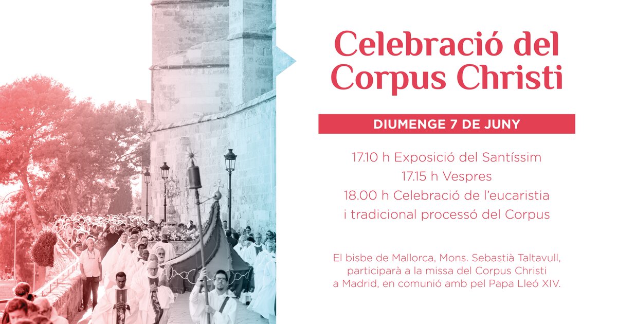catedralmca's tweet photo. ✝️ El pròxim 7 de juny la Seu celebrarà la solemnitat del Corpus Christi.
📍 17:10 h Exposició del Santíssim.
📍 17:15 h Cant de Vespres.
📍 18:00 h Missa i, en acabar, la tradicional processó pel centre de Palma. https://t.co/zPzeZkrmpb