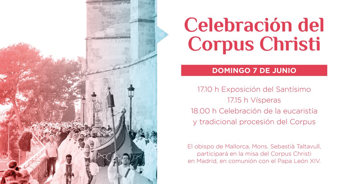 catedralmca's tweet photo. ✝️ El próximo 7 de junio la Catedral celebrará la solemnidad del Corpus Christi.
📍 17:10 h Exposición del Santísimo.
📍 17:15 h Canto de vísperas.
📍 18:00 h Misa y, al acabar, tradicional procesión por el centro de Palma. https://t.co/jZS4ok6PdU