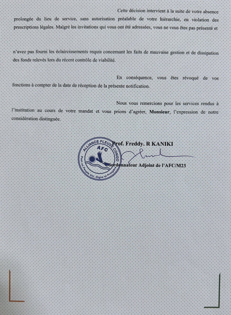 LawrenceKanyuka's tweet photo. NOTIFICATION DE RÉVOCATION

Il est porté à la connaissance de la communauté académique que le Professeur MUHINDO MUGHANDA est relevé de ses fonctions de Recteur de l’Université de Goma (UNIGOM), avec effet immédiat.

Cette décision est prise conformément aux dispositions de la loi portant statut du personnel de l’Enseignement supérieur, universitaire et de la Recherche scientifique.

Toutes les dispositions antérieures contraires à la présente décision sont abrogées.

Veuillez consulter la décision des autorités ci-dessous 👇🏾