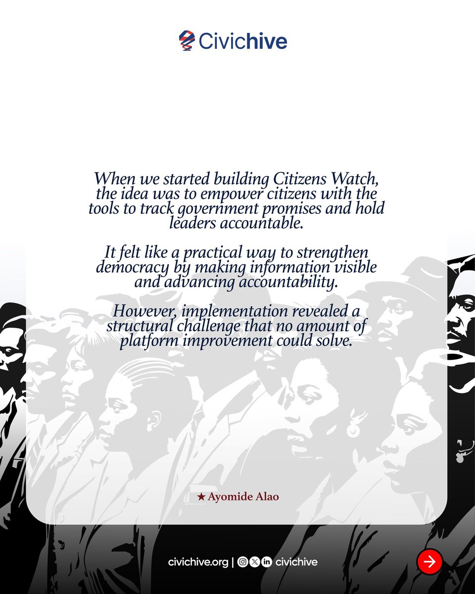CivicHive's tweet photo. You cannot hold the government accountable for what cannot be seen or measured. 

@alao_ayomide is the founder of @ReformersAfrica and the mind behind Citizens Watch, a digital platform that tracks government promises and holds leaders accountable. https://t.co/CojMNFPsRW