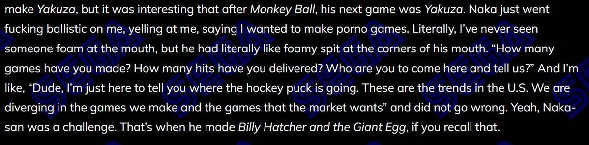 Sleepsie_VT's tweet photo. best part of the interview is yuji naka foaming in rage over the idea that kids would rather play games like gta over "billy hatcher and the giant egg" https://t.co/qk9nV4upBJ