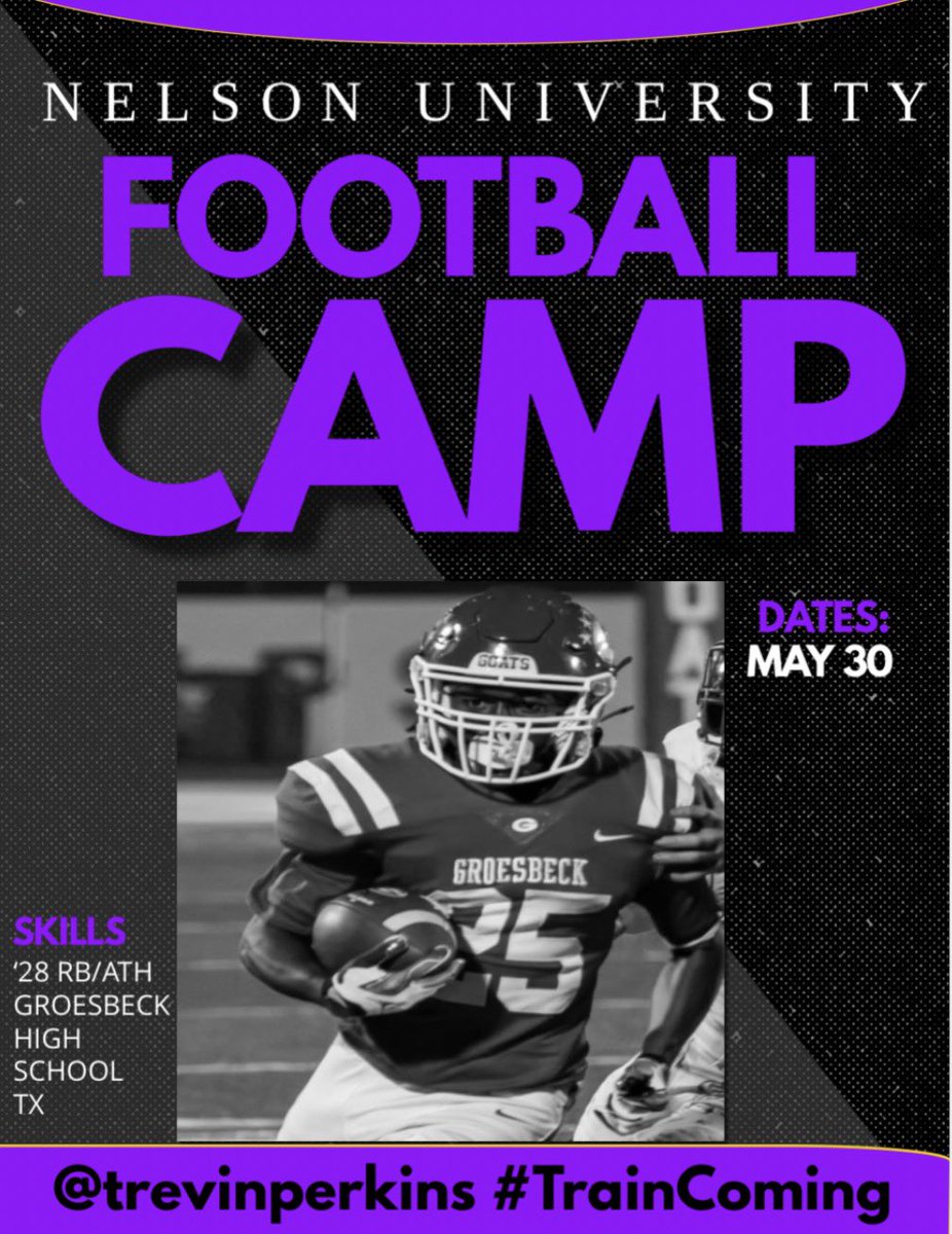 trevinperkins's tweet photo. Next stop: Nelson University! 🏈 Excited and blessed to announce I will be competing at the Lions football camp this Saturday! Ready to put in the work and showcase my skills! Go Lions!!
@Garrison_Oline @Coach_MacSAGU  @NelsonUFootball @CoachGarcia212  ‘28 RB/ATH #TrainComing https://t.co/2iZ3V9FOX0
