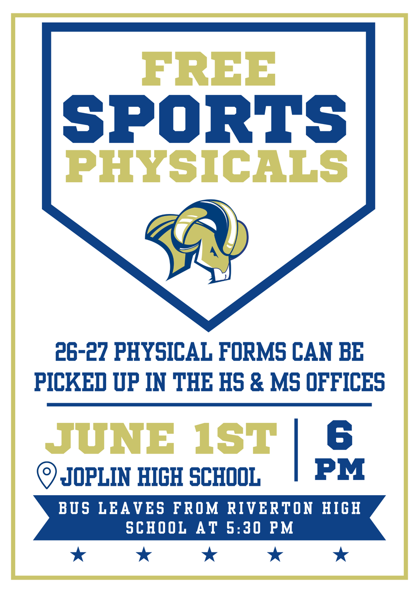 rivertonrams's tweet photo. Free Sports Physicals June 1st https://t.co/XK0tbfdlHM via @ParentSquare https://t.co/53Z3SPFc1Q