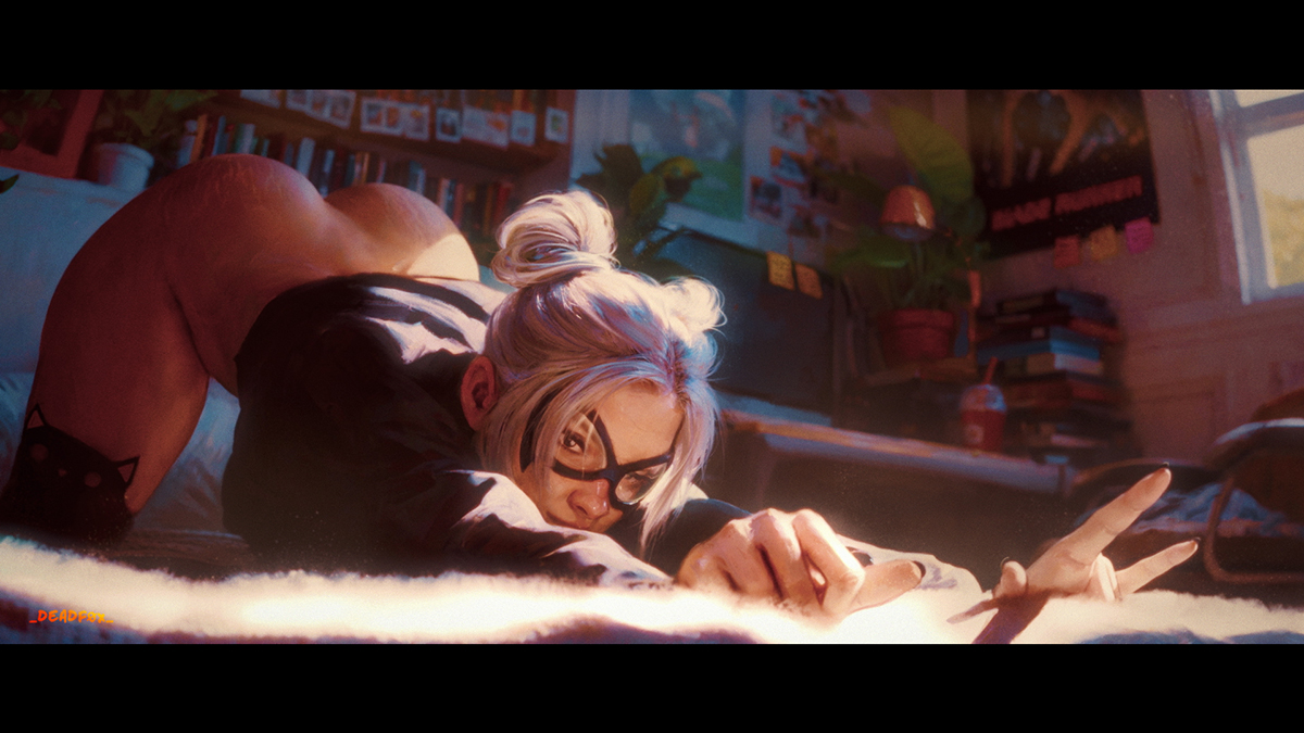 _DEADF0X_'s tweet photo. 𝘽𝙞𝙞𝙞𝙜 𝙨𝙩𝙧𝙚𝙩𝙘𝙝~☀️🐈‍⬛

(There will 100% be more of double-bun Black Cat.) https://t.co/Lv7SrwAwcl