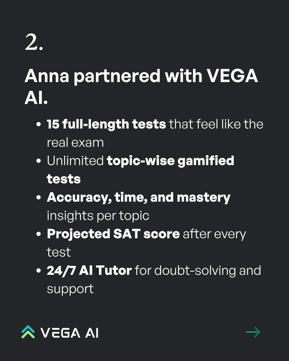 VegaAI_Labs's tweet photo. Anna Solomon's SAT students don't just get a practice test. 

They get a full breakdown, a projected score, and a study plan that updates every week.

Try Yourself - https://t.co/pqONqGcSAZ https://t.co/C2aYTBmGJU