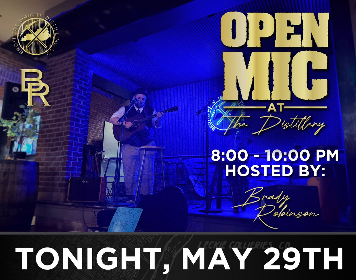BWDistillingCo's tweet photo. Open Mic Night at the Distillery tonight.

Join us from 8 to 10 PM for a night of live music hosted by Brady Robinson. Whether you're stepping up to the mic or just kicking back with a drink, it's always a great time at the Distillery.

Bring an instrument, bring your friends, and come be part of the show. We look forward to seeing you tonight.

#BrothersWright #OpenMicNight #LiveMusic #PikevilleKY #EasternKentucky #SupportLocalMusic #DrinkLocal #BWDC