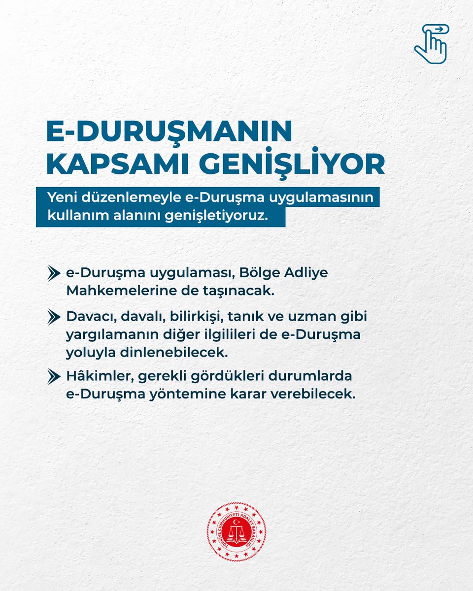 adalet_bakanlik's tweet photo. Adalet hizmetlerinin daha hızlı, etkin ve erişilebilir şekilde sunmak amacıyla dijital dönüşüm çalışmalarımızı sürdürüyoruz.

e-Duruşma Sistemi’ni güncelleyerek kapsamını genişletiyor, uygulamayı Bölge Adliye Mahkemelerine de taşıyoruz.