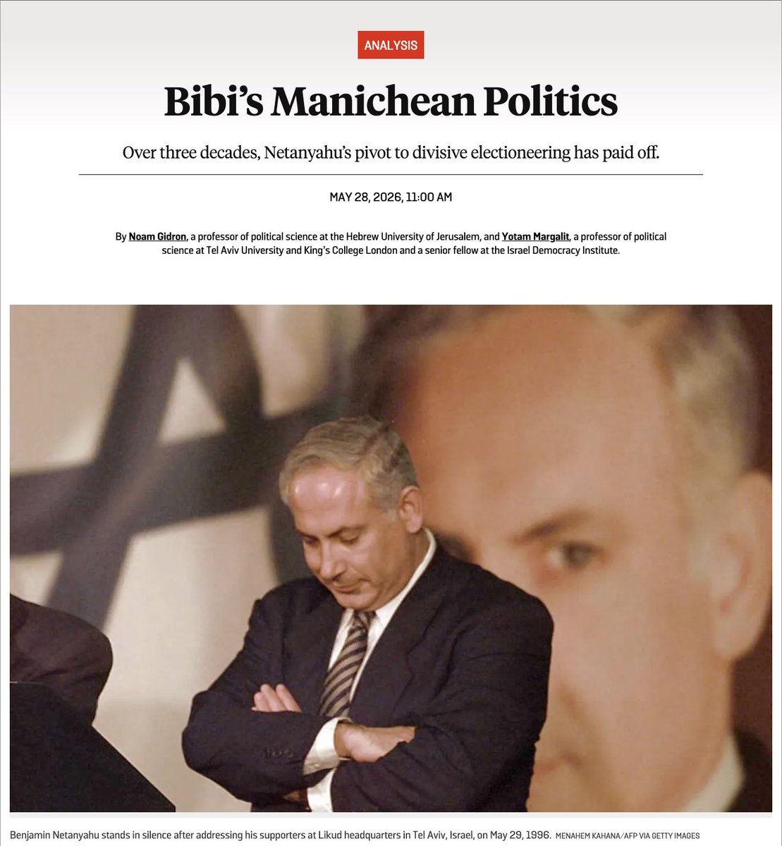 UnxeptableD's tweet photo. A deeply shocking read from Foreign Policy: "Bibi's Manichean Politics". 
It outlines a terrifying reality - Netanyahu's 30-year tenure has effectively been a long-term project to dismantle Israel's democratic foundations from within.  By deliberately obliterating the political center, attacking independent institutions, and rejecting minority rights, he has engineered a deeply polarized society and transformed his base into an "illiberal political force".  
https://t.co/9wpg7YLYTM
@ForeignPolicy