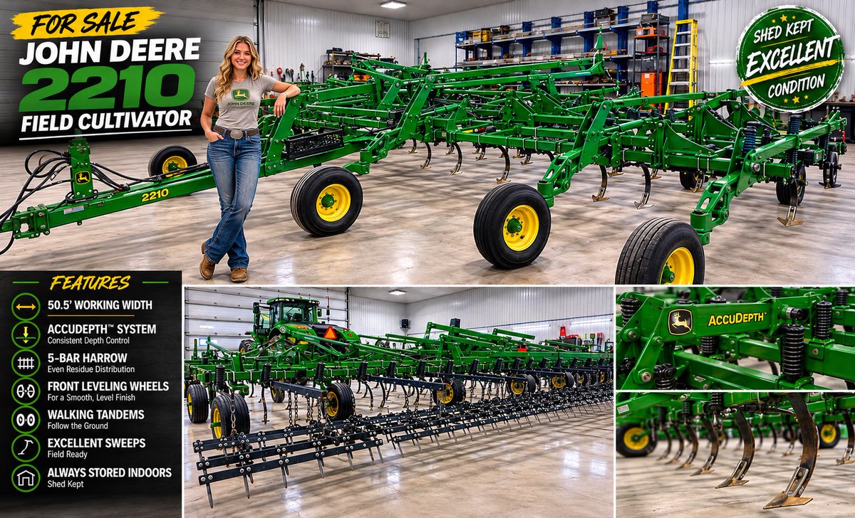 MdMcLean1's tweet photo. Let’s see what Britta has For Sale today!… Oh look it’s a 50.5’ John Deere 2210 Field Cultivator… Wagon tongue, AccuDepth, 5 bar harrow, Rear hyd. And hitch. Britta’s working hard for day 2 on the job… https://t.co/Aw7kiPl0SS https://t.co/VUhFvux8F6