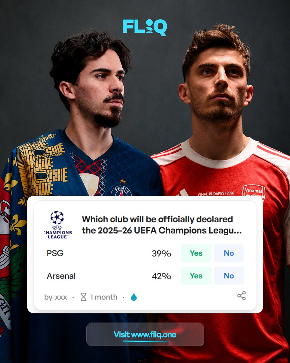 predictonfliq's tweet photo. The 2026 UEFA Champions League Final gets decided in apprx 24hrs 🥶🏆

Arsenal chasing their first-ever UCL title.
Paris Saint-Germain F.C. trying to defend theirs.

Two league champions. One European crown.

Who’s taking it? 👀👇 https://t.co/YDnO1L7L5Q