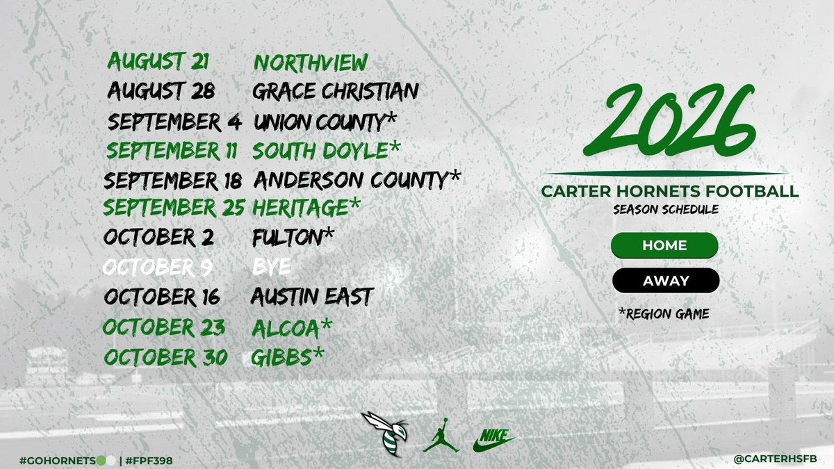CarterHSFB's tweet photo. 2026 Football Schedule. 

#GoHornets🟢⚪️ | #FPF398 https://t.co/Ad2Jiv4lYy
