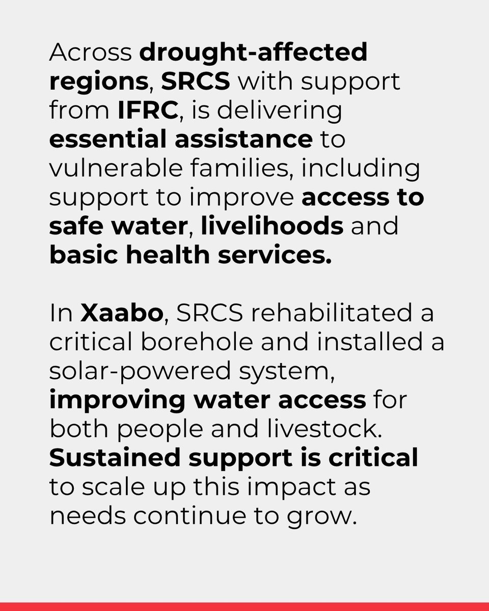 IFRCAfrica's tweet photo. Six months into the Emergency Appeal, needs remain critical for millions in Puntland and Somaliland.

With @IFRC support, the Somali Red Crescent Society is helping communities access essential services, including safe water, health support and livelihood assistance.

Sustained support is vital to scale up the response and help families recover with dignity.

Learn more and support the appeal: https://t.co/p3Hs82uZWv