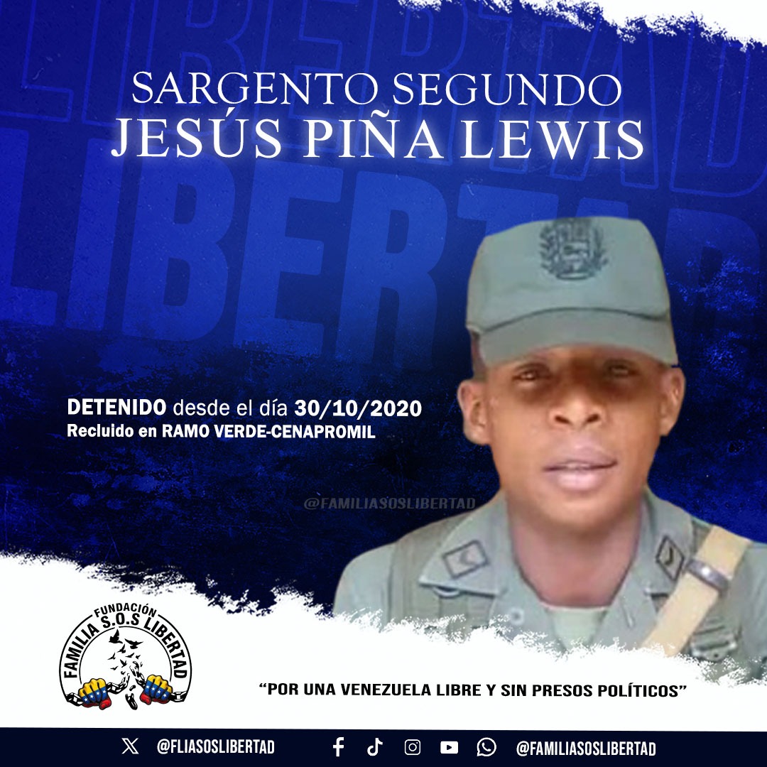 FranklinCalderC's tweet photo. MÁS DE 5 AÑOS EN LA OSCURIDAD DE RAMO VERDE.  El S2. Jesús Piña Lewis, no es una cifra más. Su nombre representa la desgarradora realidad de la persecución militar en Venezuela. Detenido en octubre de 2020, su proceso penal ha sido una cadena sistemática de violaciones a los Derechos Humanos: Desaparición forzada temporal e incomunicación. Opacidad absoluta y juicios sin pruebas legítimas. Retrasos procesales que buscan el desgaste físico y psicológico. Mientras el sistema intenta imponer el olvido y quebrar a su familia, organizaciones como @FliaSOSLibertad siguen alzando la voz por su libertad. El aislamiento y la injusticia también son tortura. No dejes que su nombre se borre. ¡Exigimos debido proceso y libertad plena!
No más!!!

"Por una Venezuela Libre y Sin Presos Políticos"

#libertadparaJesusPiña #LibertadParaLosPresosPoliticos

@CorteIDH
@volker_turk 
@SugledGF