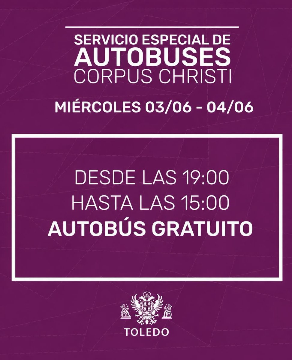 UNAUTOtoledo's tweet photo. 🎫 Todos los autobuses urbanos serán gratuitos el 3 de junio desde las 19:00 hasta las 15:00 horas del 4 de junio con motivo de la festividad del Corpus Christi

🚍🚏El @ToledoAyto pone en marcha desde el próximo miércoles un servicio especial de autobuses a la Peraleda. https://t.co/2ZBSwXNXDe