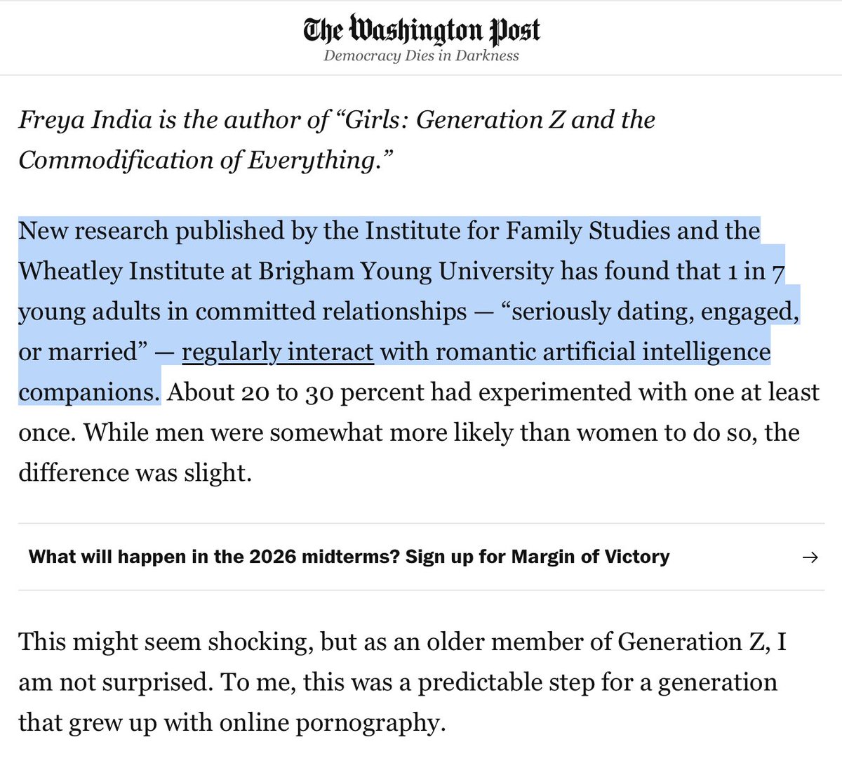 BradWilcoxIFS's tweet photo. "New research. . . has found that 1 in 7 young adults in committed relationships — “seriously dating, engaged, or married” — regularly interact with romantic artificial intelligence companions." @freyaindiaa @wapo @FamStudies @BYUWheatley https://t.co/QRUkQa9hGk