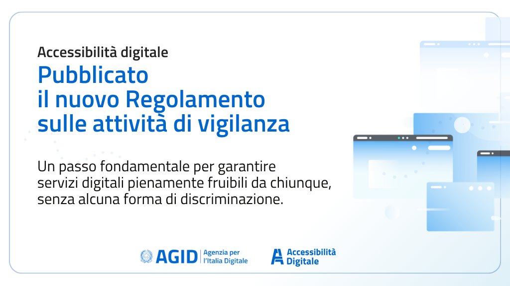 AgidGov's tweet photo. 🚀AgID pubblica il nuovo regolamento sulla vigilanza dell’accessibilità.
📜 Definite verifiche e sanzioni (Legge 4/2004, D.Lgs. 82/2022)
👥 Obiettivo: servizi digitali accessibili e inclusivi
🏛️ Coinvolte PA e grandi operatori digitali
🔗 https://t.co/WrURGXy0KG https://t.co/9xcQsGcu7i