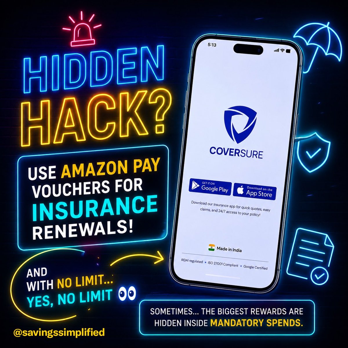 SavingsSimpl's tweet photo. #HiddenHack 

Insurance+AmazonPay

If you were using the PhonePe SBI Card to optimize insurance payments… you’ll probably want to rethink the route 👀

Which also raises a bigger question:

What’s the smarter route for insurance spends now?

One interesting play I’ve been using:

Using Amazon Pay vouchers for insurance renewals via @coversure_in

Why it caught my attention:

• No AmazonPay transaction limits

• High-ticket insurance category

• Can stack Amazon Pay + CC reward strategies

• Policy tracking + renewal reminders in one place

2026 devaluation season continues… so people will keep hunting for alternative reward routes 💳

If curious… just download the app and check the payment page to see whether it works for your insurer.

Download the app here:

https://t.co/WkKZp4LUR1

#collab