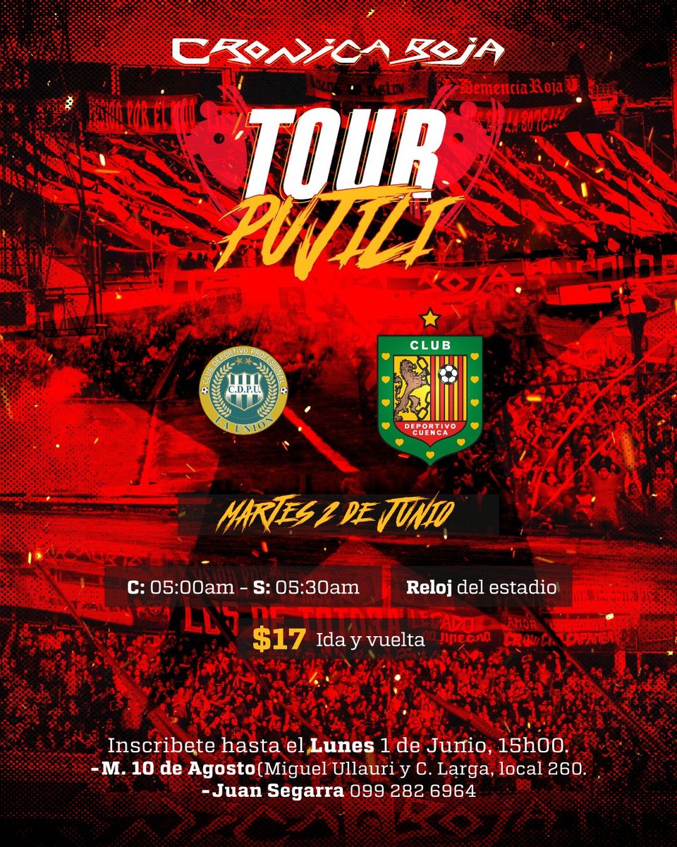 CronicaRojaCR's tweet photo. 🚌 Tour a Pujili.
📌 Concentración martes 2 de Junio 05:00, salida 05:30
📍 Reloj del estadio, $17 transporte ida y vuelta.
📲 Inf: https://t.co/EcIyD1E98v
📋 Inscripciones: la calle Miguel Ullauri y calle Larga (parte de afuera mercado 10 de agosto, local 260) https://t.co/CpGF7Cms1O