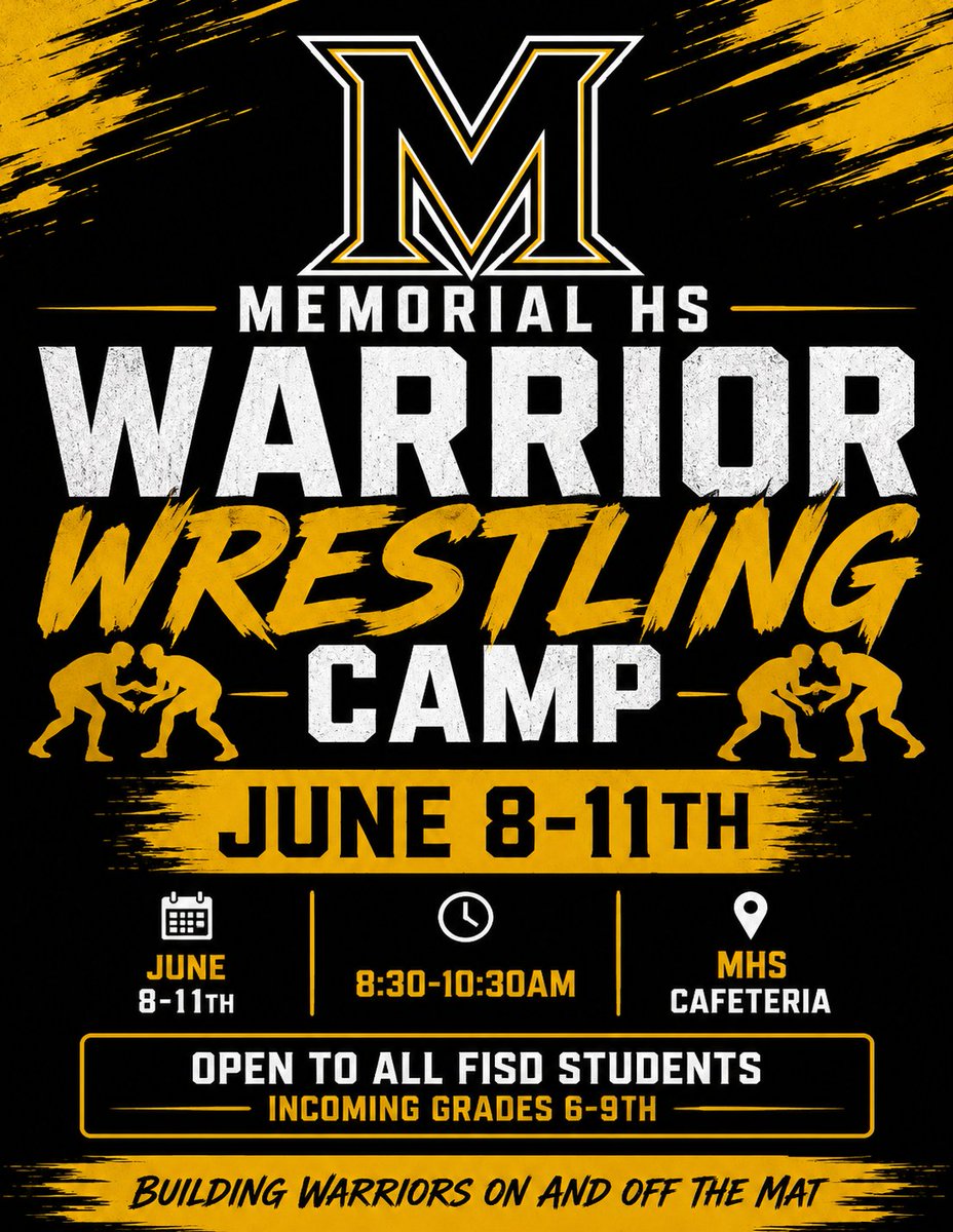 mem_war's tweet photo. It's Camp Season! If you want to wrestle in Frisco, you come to Memorial in the Summer! Whether you're bringing your K-5th Grader to their first Youth Camp, exploring Middle School Wrestling, or leveling up your game as a 7-12th Grader, FISD Programs at Memorial are for everyone! https://t.co/Z30q5WdATX