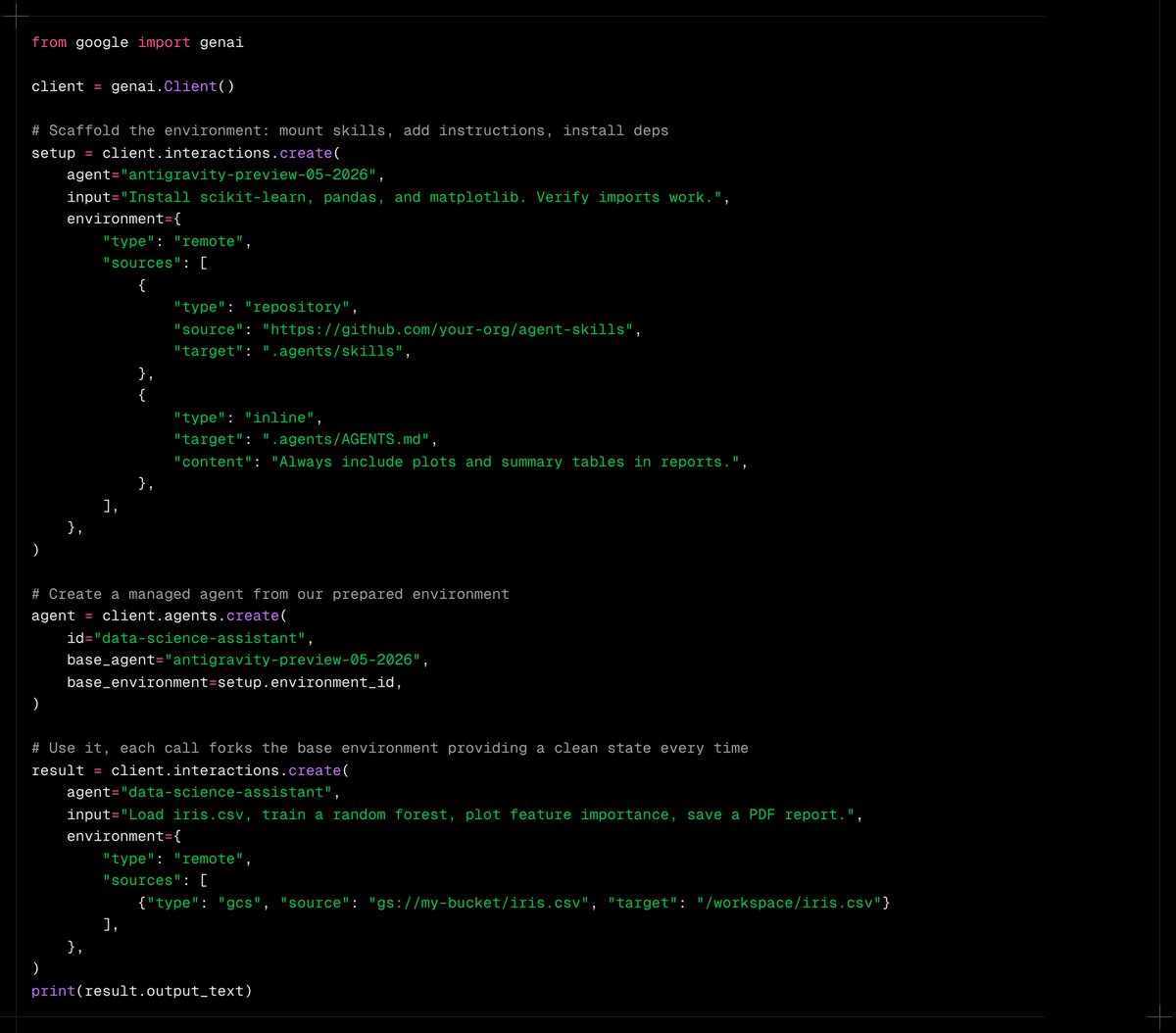 Philipp Schmid 在 X: 'Gemini API 管理代理。一个 API 调用即可获得一个支持代码执行、网页访问和文件 I/O 的沙盒化 Linux 环境。将你的技能模块化，创建一个可重用的代理，调用它。下面是构建数据科学助手的完整示例。👇 https://t.co/zGc45Rh8gm' / X