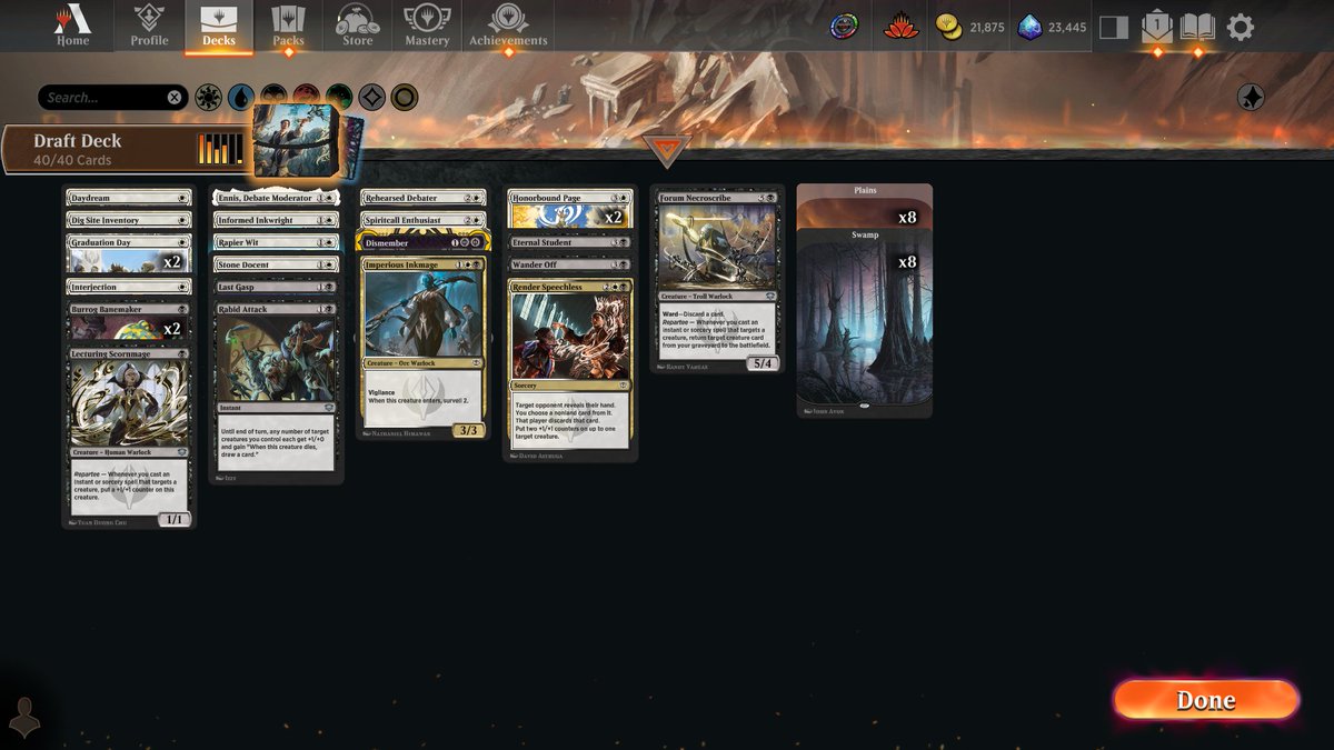 Hypergeomancer's tweet photo. Hit Mythic on MTG Arena!
Did it with this good Silverquill deck - list attached. https://t.co/dzLAzu1JRf