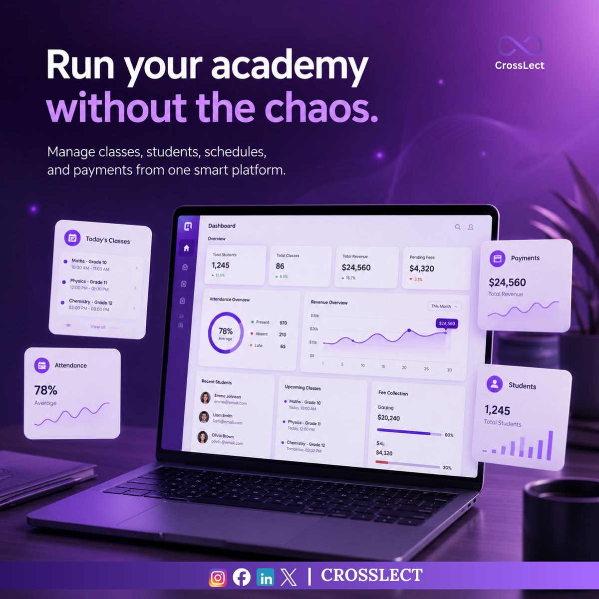CrossLect's tweet photo. Manage your academy smarter with CrossLect.

From live classes to payments, schedules, and student management.

📩 Contact: contact@crosslect.com
🌐 Website: https://t.co/rp3Ehix2PG

#CrossLect #EdTech #OnlineAcademy #LearningManagement #EducationPlatform https://t.co/5PDkfDaNLI