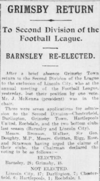 BarnsleyFCOTD's tweet photo. At the Football League AGM on this day in 1911, Barnsley who finished 19th and Lincoln City (20th) of Div 2 sought re-election to the League. Barnsley Chairman Alderman John Rose, presented a case for why the club should be re-elected, explaining the team had been affected by accidents and illness during the season. He also reminded them Barnsley had reached the FA Cup Final the previous season. In the subsequent vote Barnsley received 28 votes, Grimsby Town 18, Lincoln City 17, Darlington 6, Chesterfield Town 6, Hartlepool United 1 and Rochdale 1. Barnsley were therefore re-elected and Grimsby, who failed to gain re-election in 1910, replaced Lincoln City. #BarnsleyFC #GrimsbyTown