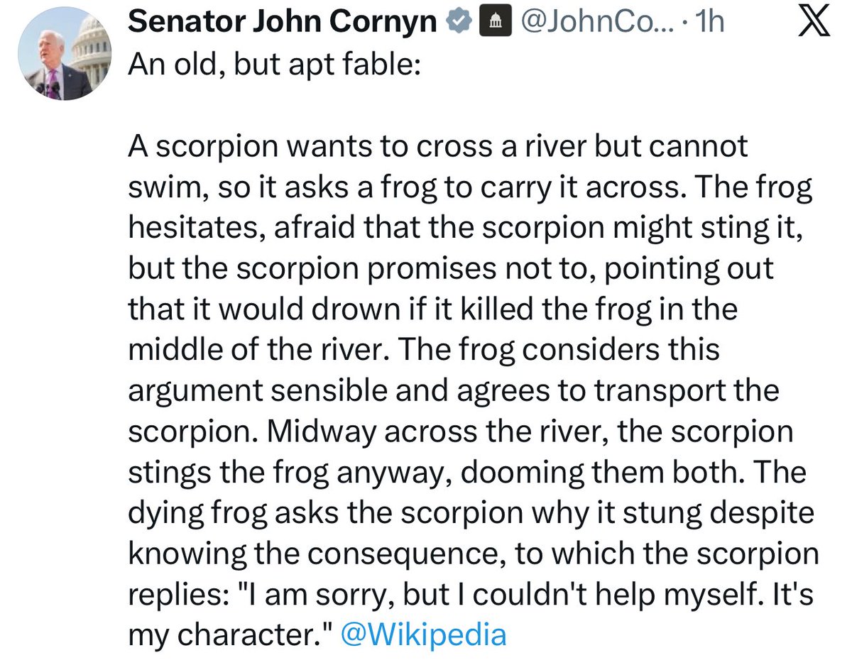 patriottakes's tweet photo. John Cornyn posts cryptic message about character https://t.co/JPGkWFsVrg