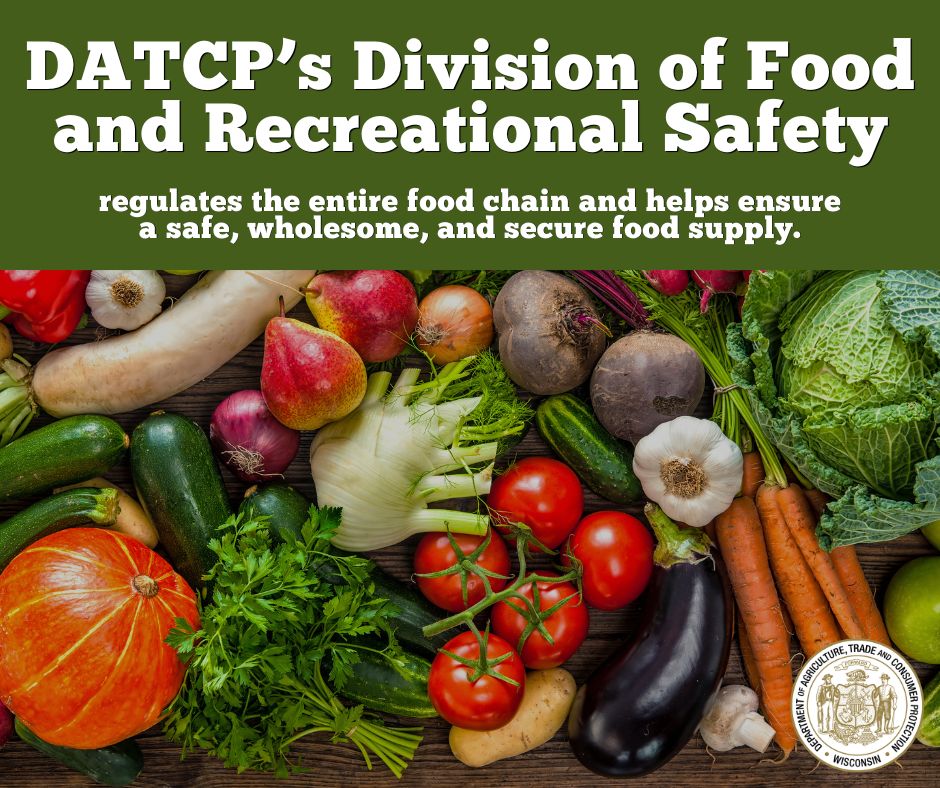 widatcp's tweet photo. DATCP’s Division of Food and Recreational Safety Division regulates the entire food chain, from the agricultural producer to the consumer.  Learn more at: https://t.co/NFE3V0Lk02. 🥬🍅🥔 https://t.co/onoCEiQREK