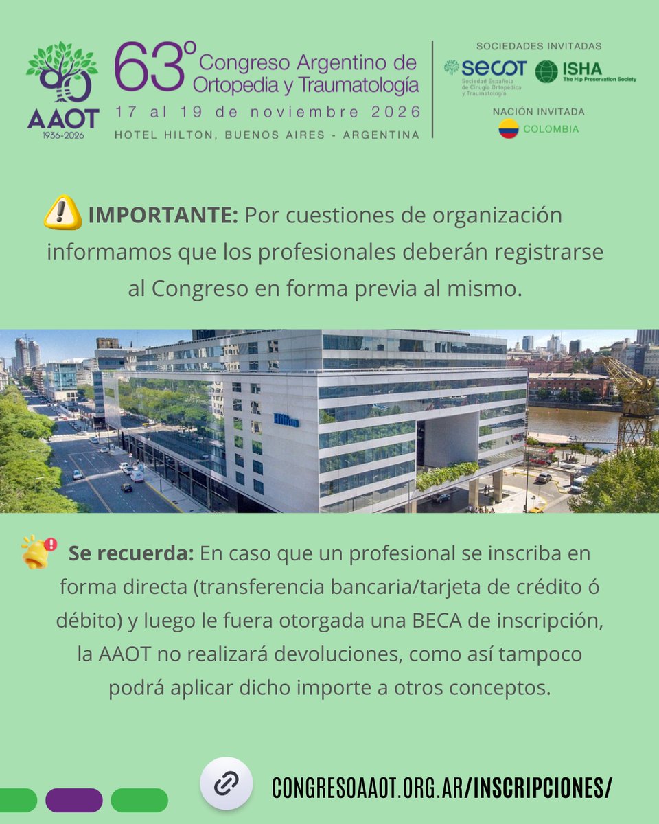 AAOTorg's tweet photo. ¡Inscripciones abiertas para el 63° Congreso Argentino de Ortopedia y Traumatología!

📅 17 al 19 de noviembre de 2026
📍 Hotel Hilton, Buenos Aires

✍🏽 Inscribite acá: https://t.co/V10Ud8gDea https://t.co/wIB3O2CO4Q