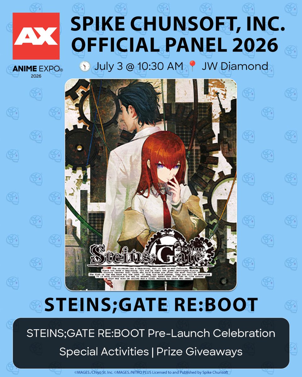 SpikeChunsoft_e's tweet photo. See you at Anime Expo 2026! 🥳

We're celebrating the 15th anniversary of Danganronpa and the pre-launch of STEINS;GATE RE:BOOT with special guests and fun activities! Special guests include Shohei Sakakibara, Kazutaka Kodaka, and voice actors from the upcoming Danganronpa 2x2.

🗓️ Friday, July 3
🕥 10:30 AM
📍 JW Marriott Diamond Ballroom

Full details 👇
https://t.co/0BxcJb4xSC
#AX2026