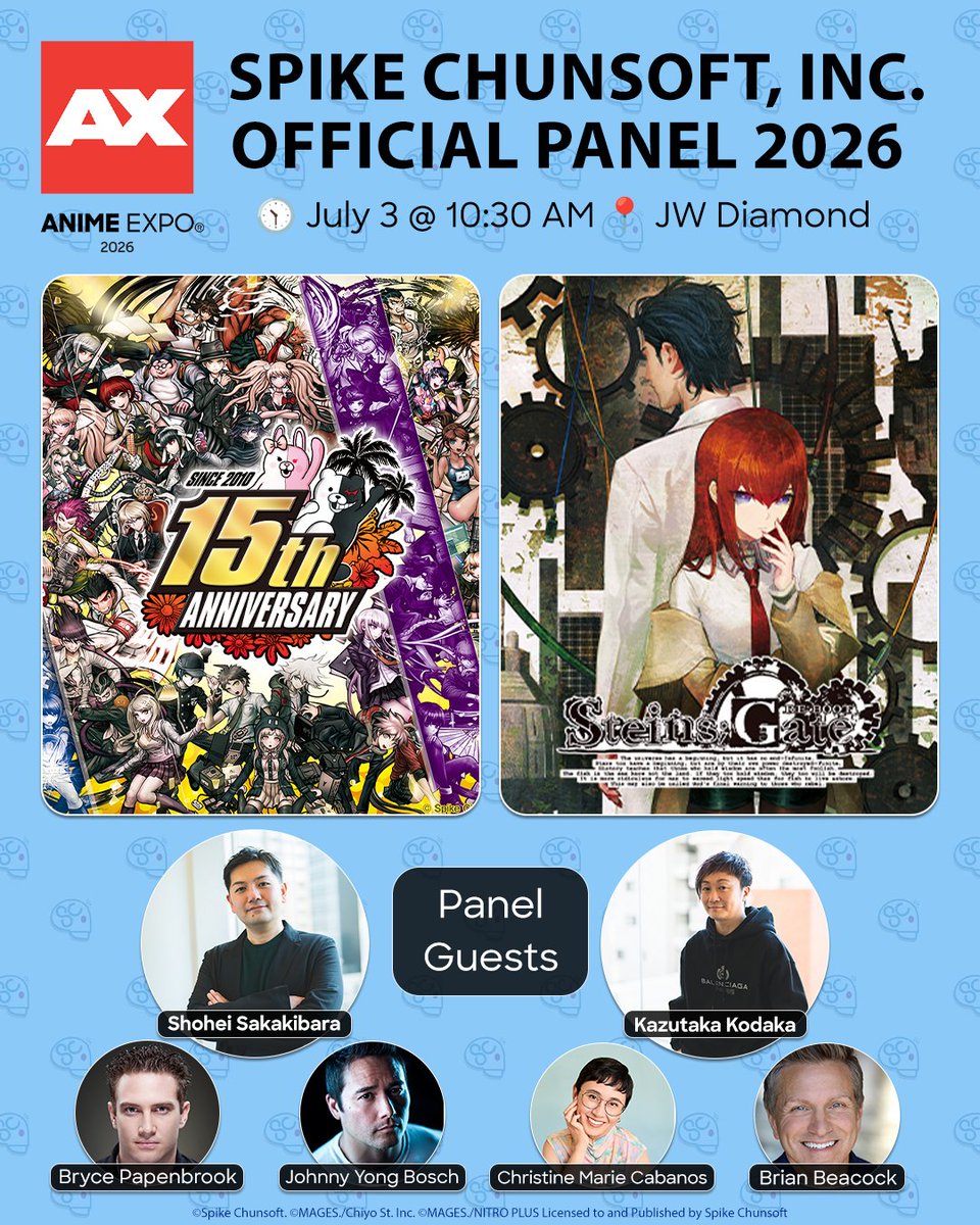 SpikeChunsoft_e's tweet photo. See you at Anime Expo 2026! 🥳

We're celebrating the 15th anniversary of Danganronpa and the pre-launch of STEINS;GATE RE:BOOT with special guests and fun activities! Special guests include Shohei Sakakibara, Kazutaka Kodaka, and voice actors from the upcoming Danganronpa 2x2.

🗓️ Friday, July 3
🕥 10:30 AM
📍 JW Marriott Diamond Ballroom

Full details 👇
https://t.co/0BxcJb4xSC
#AX2026