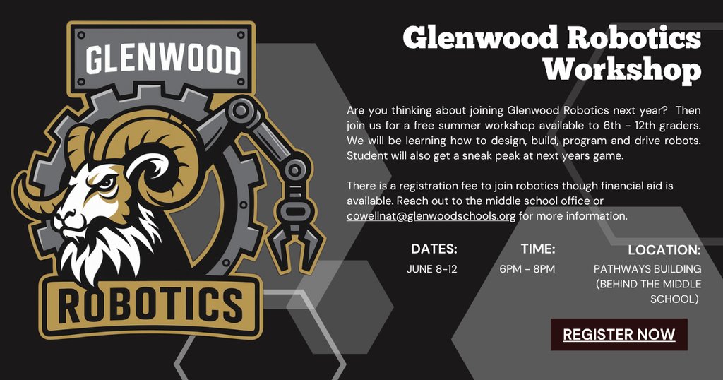 GCSD_HS's tweet photo. Join the Glenwood Robotics Workshop this summer!

Register here: https://t.co/jOOqndIF2v

 Contact cowellnat@glenwoodschools.org for more information. https://t.co/3h7X75DmlI