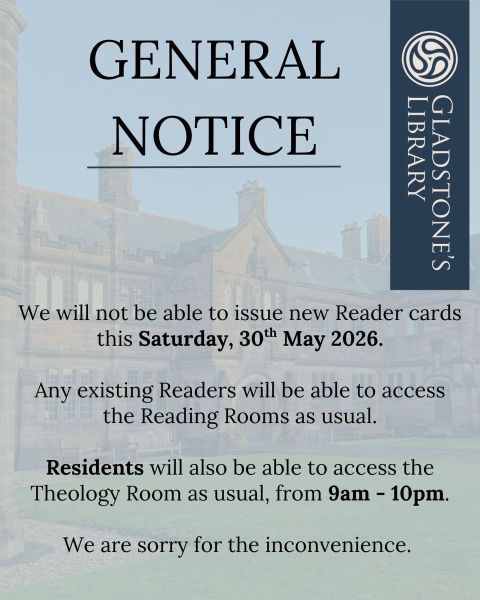gladlib's tweet photo. 📢 General Notice 📢 
 
We will not be able to issue new Reader cards this Saturday, 30th May 2026.

Any existing Readers will be able to access the Reading Rooms as usual. We will be able to issue new cards from Sunday, 31st May.

We are sorry for the inconvenience. https://t.co/UgGfjPxetl